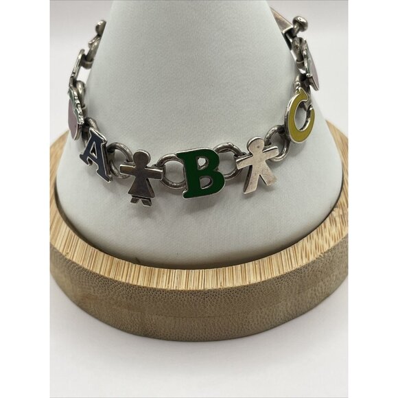 Mexico 925 Silver Enamel ABC Teacher Children Kids Chain Bracelet Vintage A277 - Picture 6 of 16